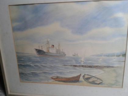 Aquarell mit Schiffen gerahmt Bild original Signatur