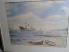 Aquarell mit Schiffen gerahmt Bild original Signatur